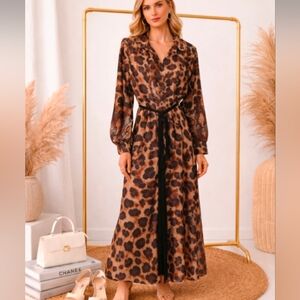 NWT Lamiar Leopard print tie waist, long midi dress w/pockets One Size
